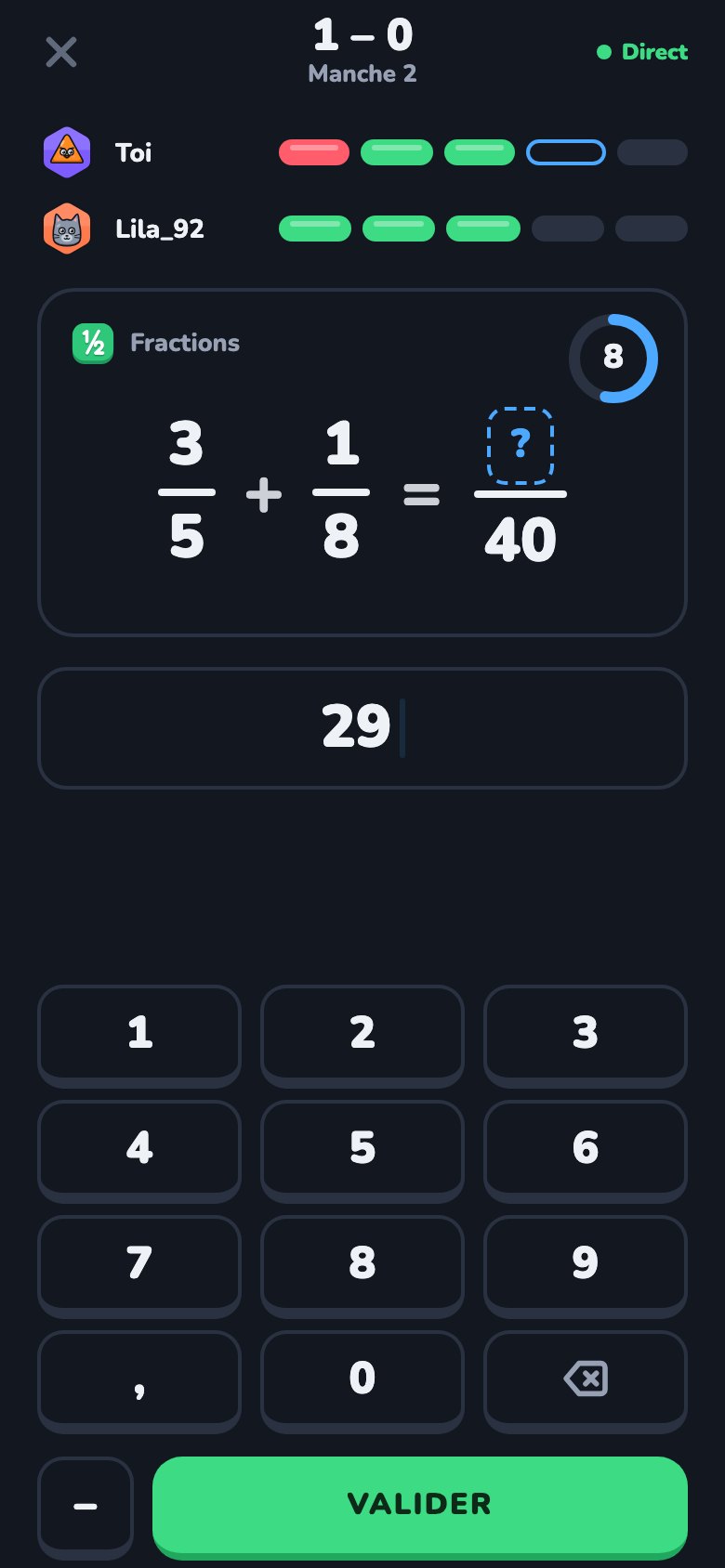 Une manche de Mathrena : 3/5 + 1/8, la réponse se tape au clavier.